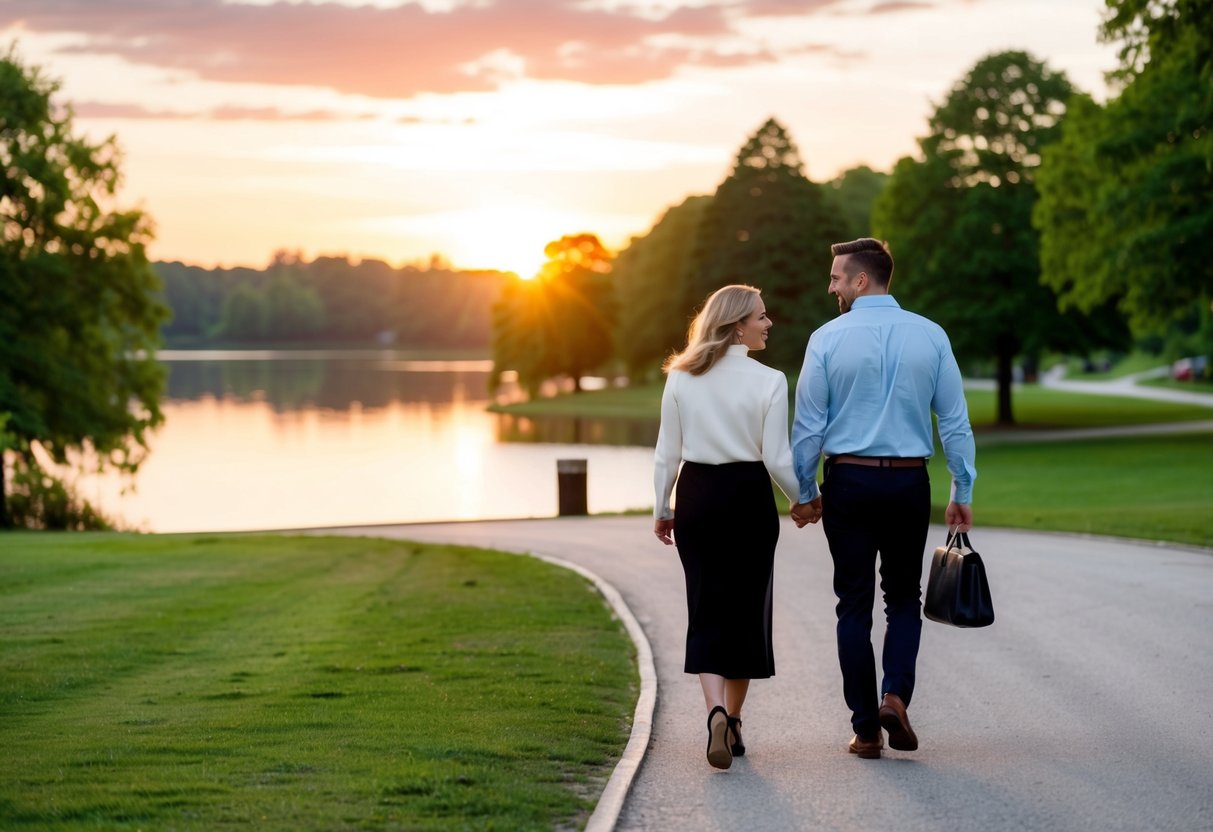 A couple strolling through a picturesque park, passing by a serene lake with a beautiful sunset in the background