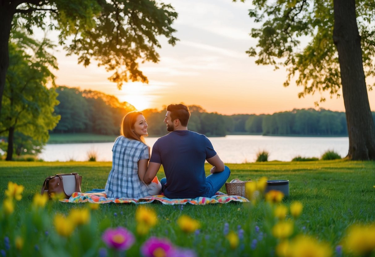 A couple enjoying a picnic in a scenic park with a lake, surrounded by trees and colorful flowers, while watching the sunset