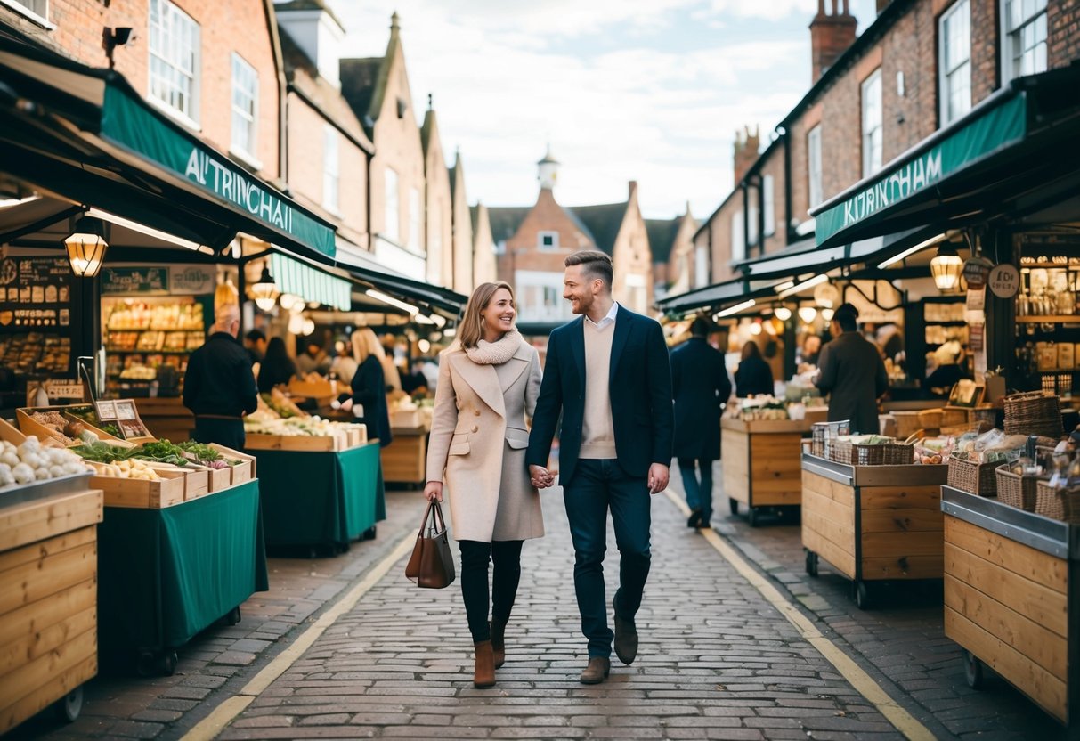 A couple strolling through Altrincham's picturesque market, surrounded by charming stalls and historic buildings
