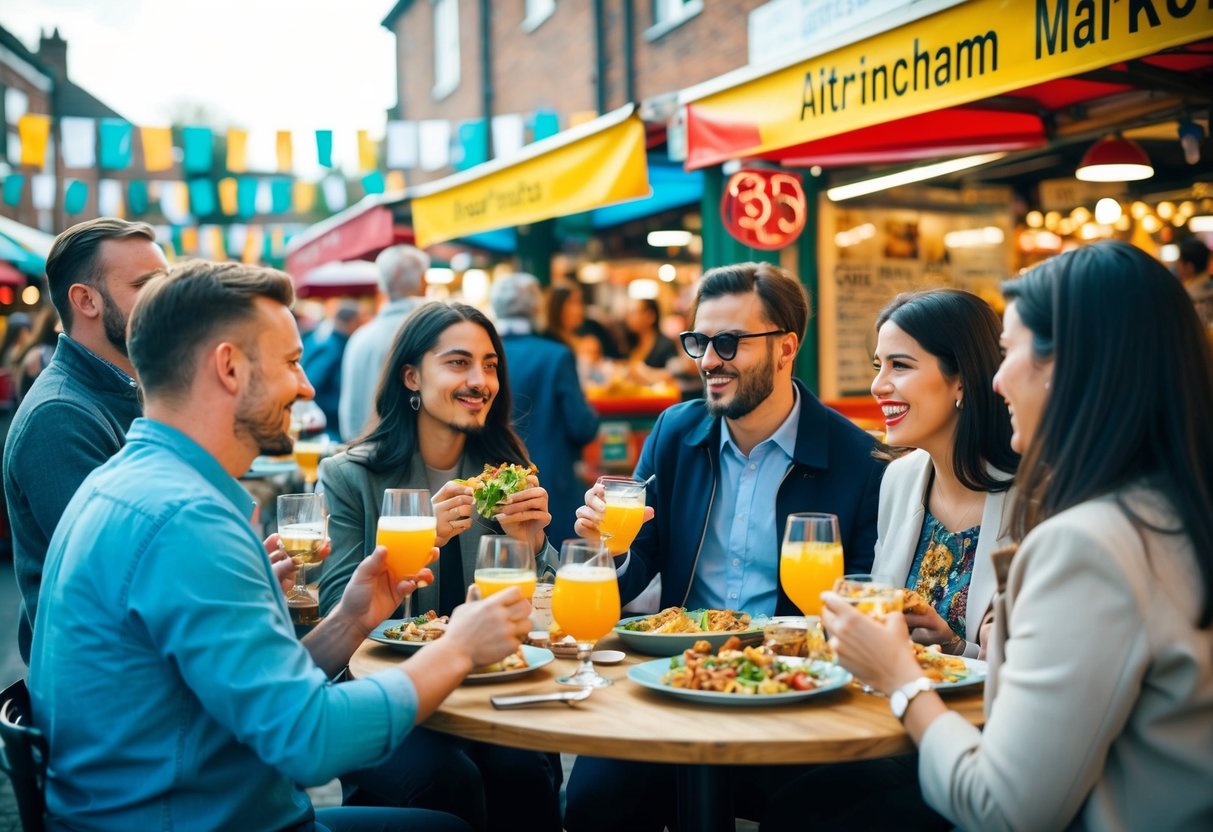 People enjoying food and drinks at Altrincham Market, surrounded by colorful stalls and a lively atmosphere