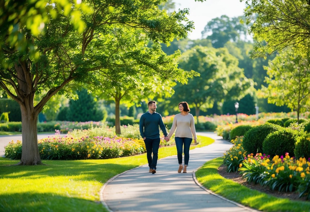 A couple walks through a peaceful park, surrounded by lush greenery and colorful flowers. The sun shines down, casting dappled shadows on the winding path
