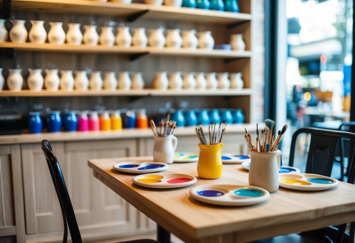 A cozy café with shelves of unpainted pottery, colorful paint palettes, and a relaxed atmosphere for pottery painting