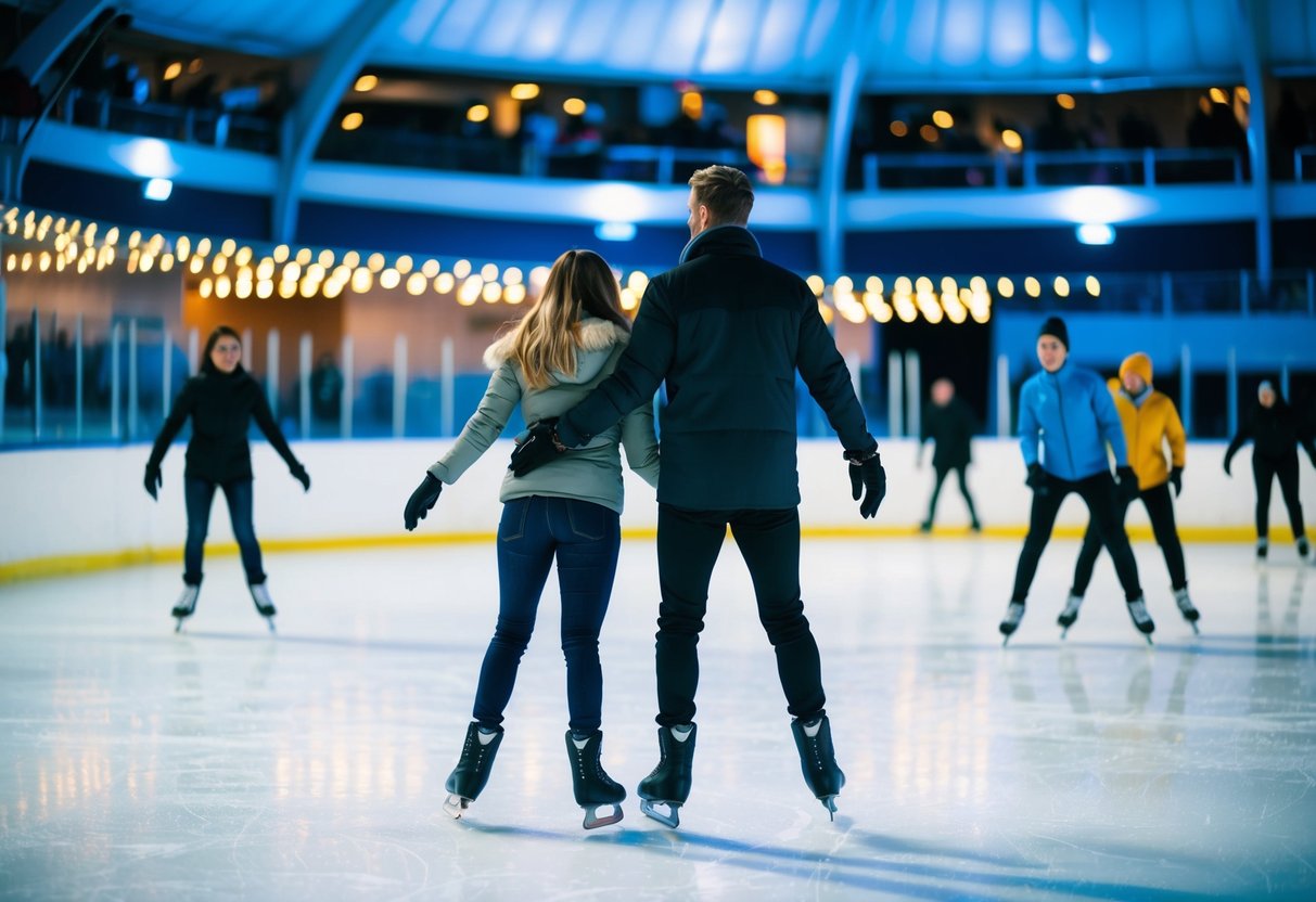 A couple glides across the ice at Altrincham Ice Dome, surrounded by other skaters under the glow of the arena's lights
