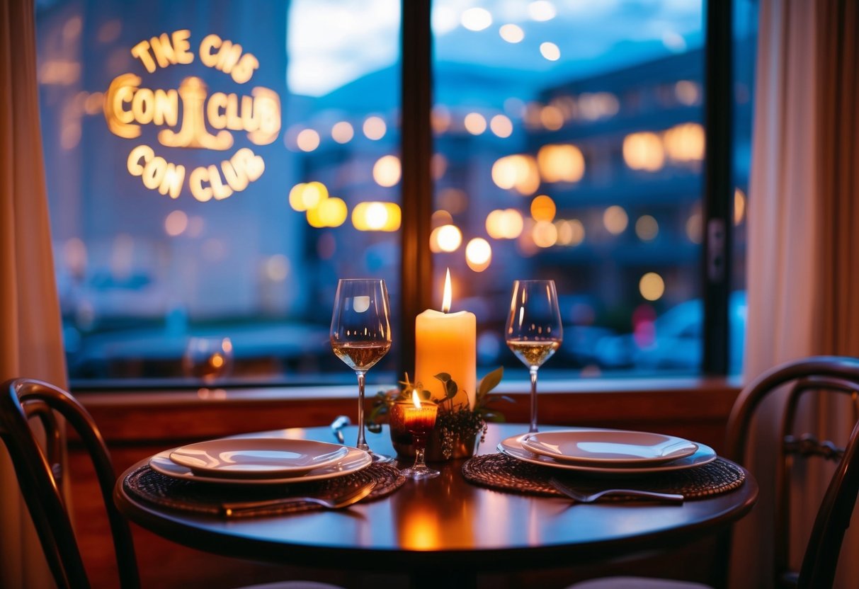 A cozy table for two set with a candlelit dinner at The Con Club