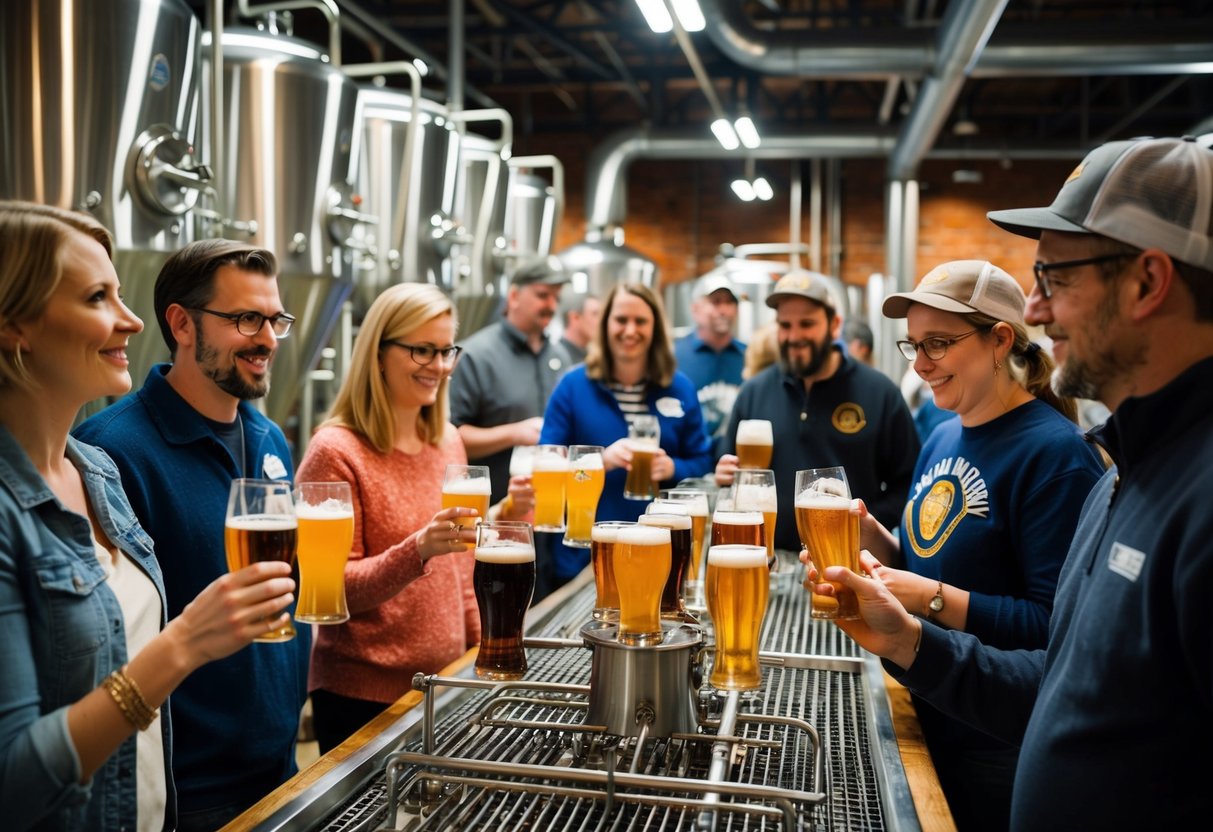 A bustling brewery tour at Dunham Massey Brewing Co. with visitors sampling beer and observing the brewing process