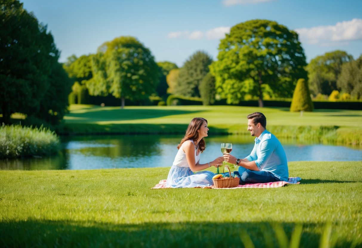 A couple picnicking in a serene park, surrounded by lush greenery and a tranquil pond, with a clear blue sky overhead