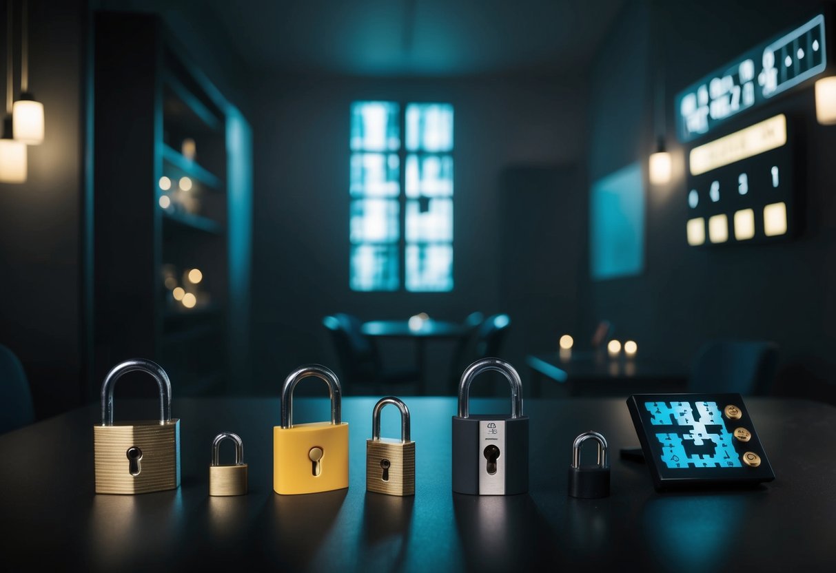 A dimly lit room with various puzzles and locks, a countdown timer on the wall, and a sense of urgency in the air