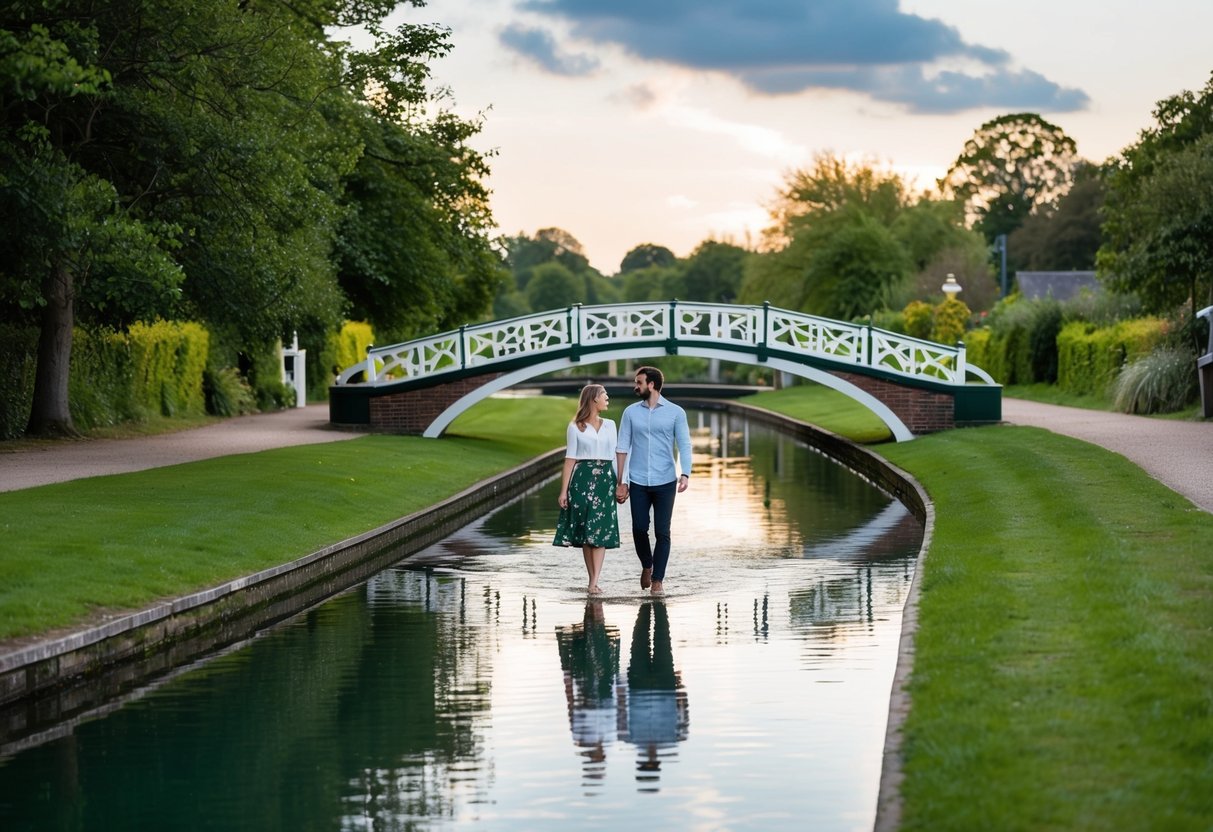 A couple strolls by the tranquil waters of Bridgewater Canal, surrounded by lush greenery and quaint bridges