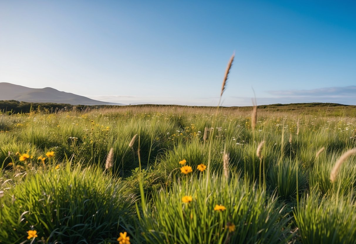 A serene meadow at Connemara Nature Preserve, with wildflowers and tall grasses swaying in the gentle breeze under a clear blue sky