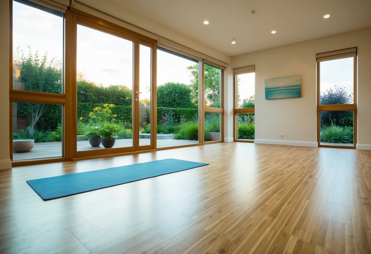 A serene yoga studio with soft lighting, bamboo flooring, and large windows overlooking a peaceful garden