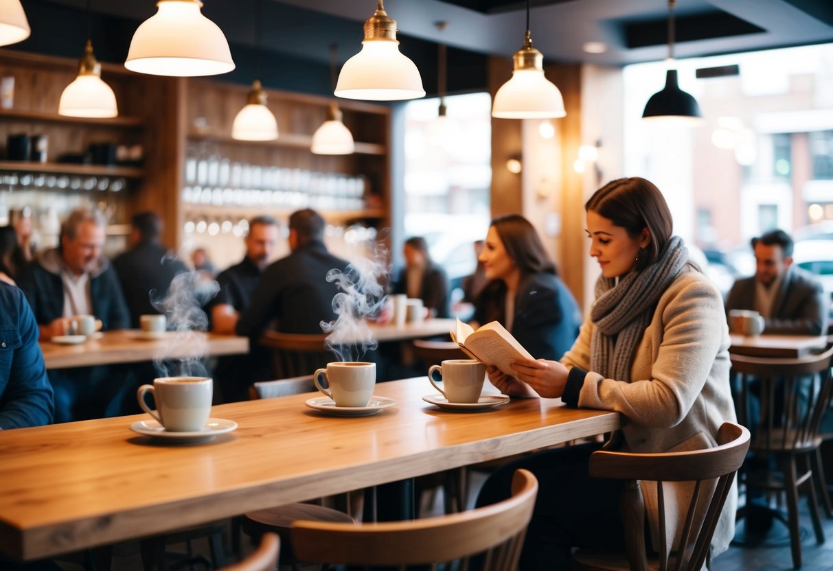 A cozy coffee shop with wooden tables, hanging lights, and steaming mugs. Customers chat and read in the warm, inviting atmosphere