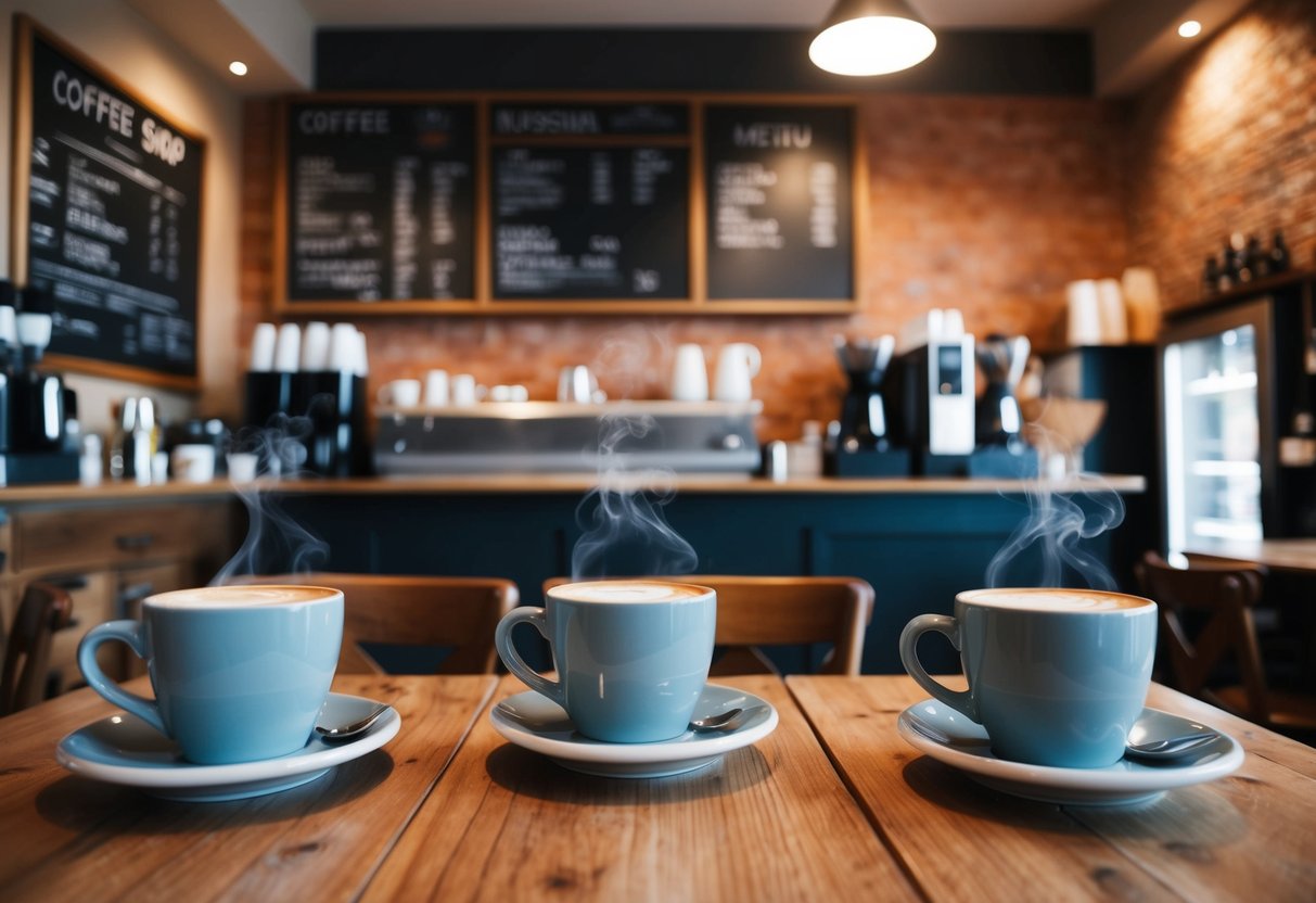 A cozy coffee shop with a rustic interior, steaming mugs on wooden tables, and a chalkboard menu
