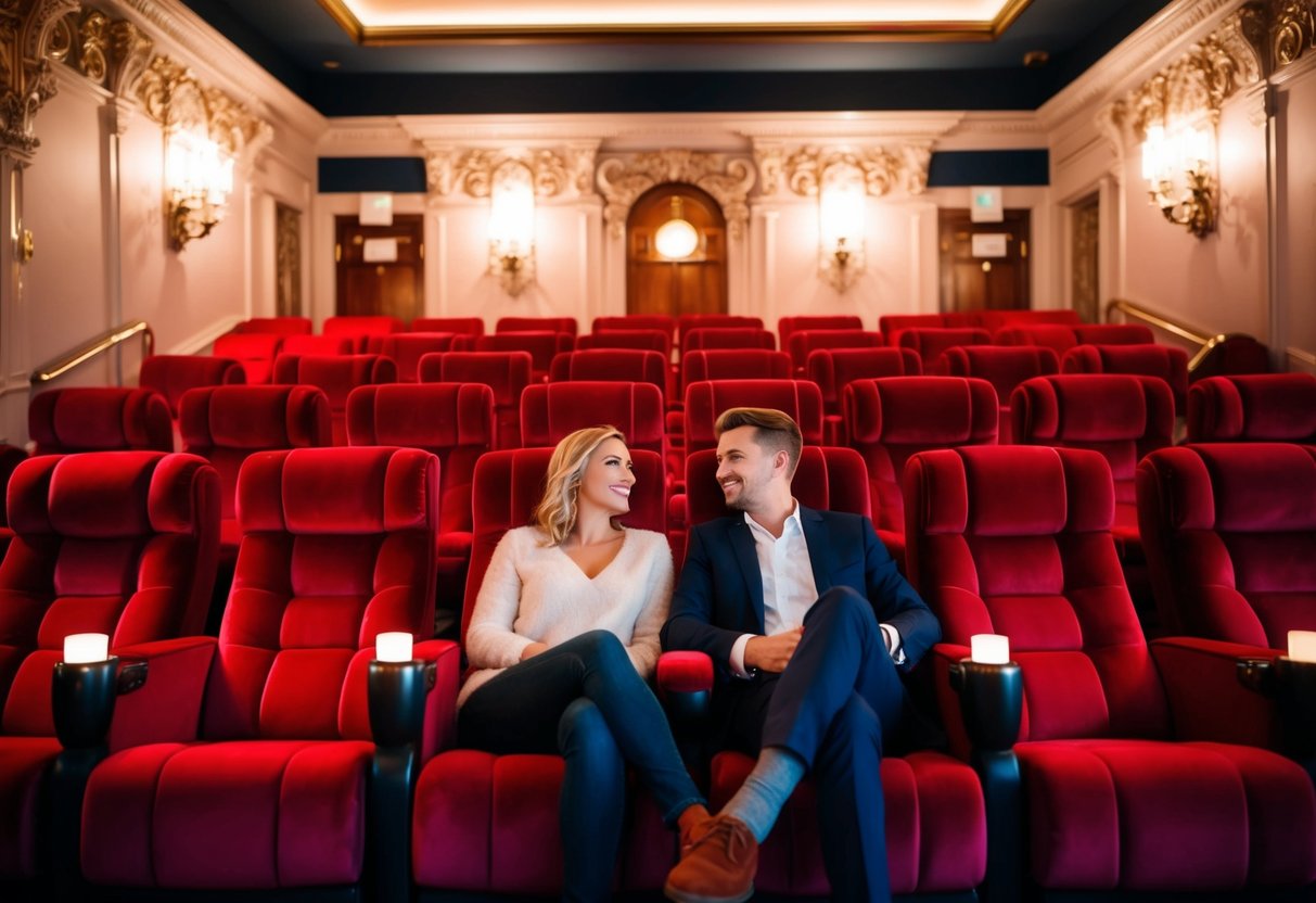 A couple sits in plush red seats, surrounded by ornate decor and soft lighting, as they watch a film at Everyman Cinema Altrincham
