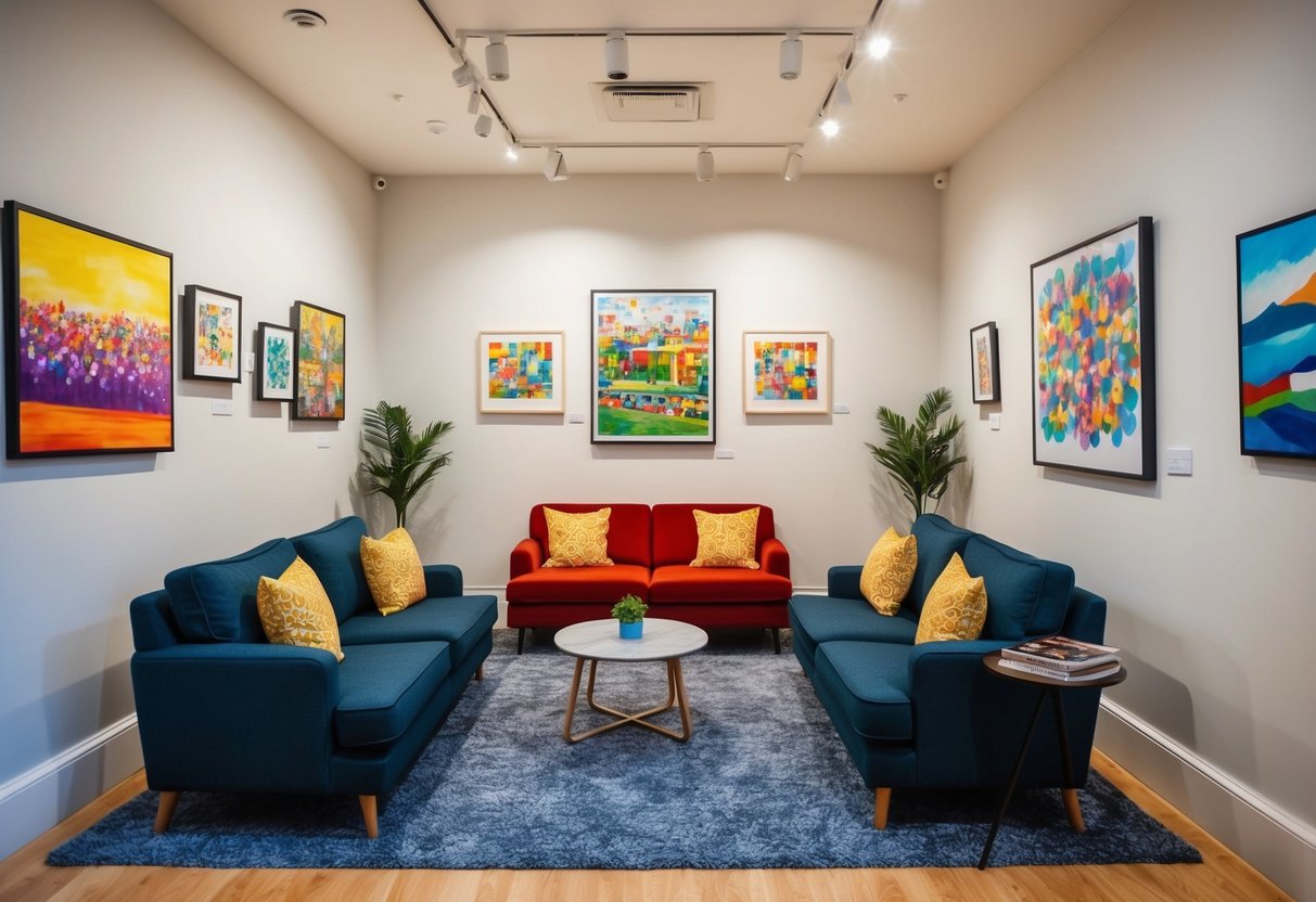 A vibrant community gallery with colorful artwork and cozy seating in Altrincham