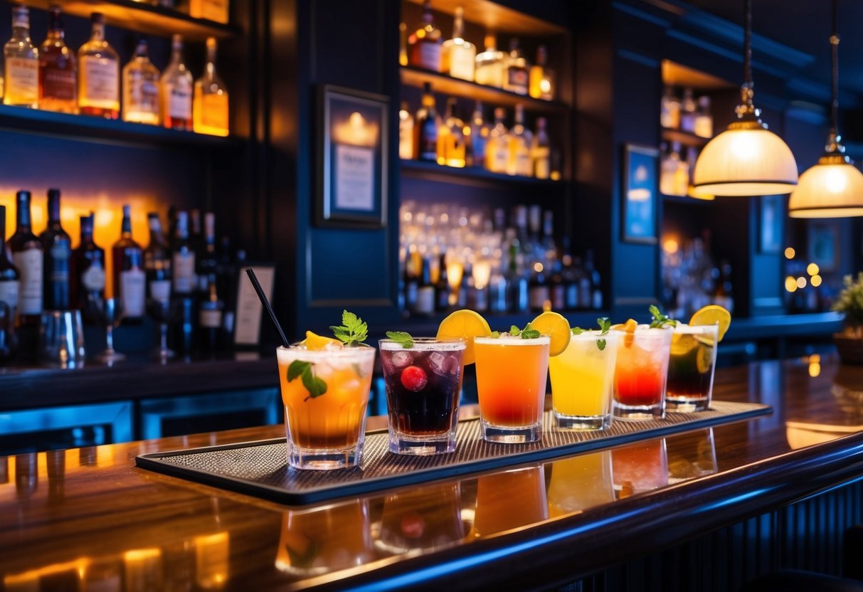 A cozy bar with dim lighting, vintage decor, and a variety of colorful cocktails on a polished wooden bar