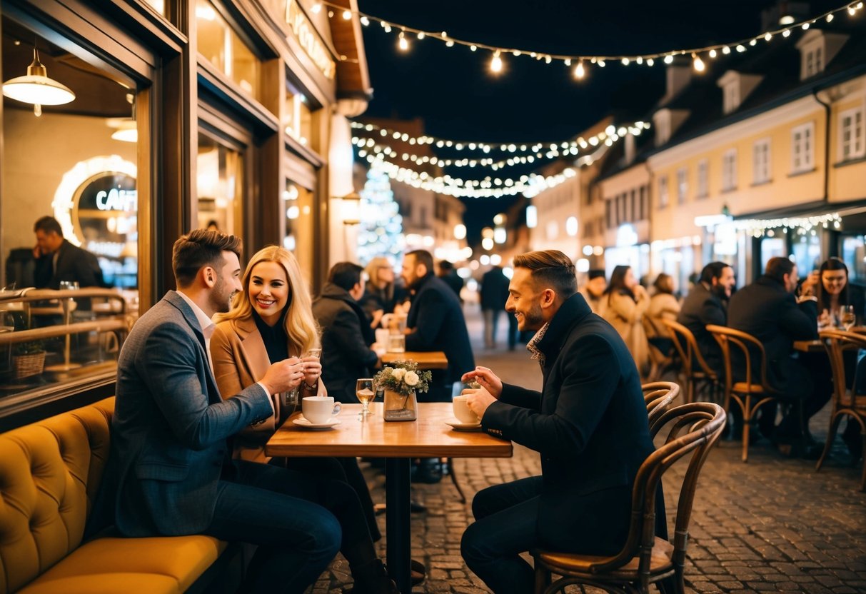 A cozy café with twinkling fairy lights, couples enjoying intimate conversations, and a picturesque view of the town square