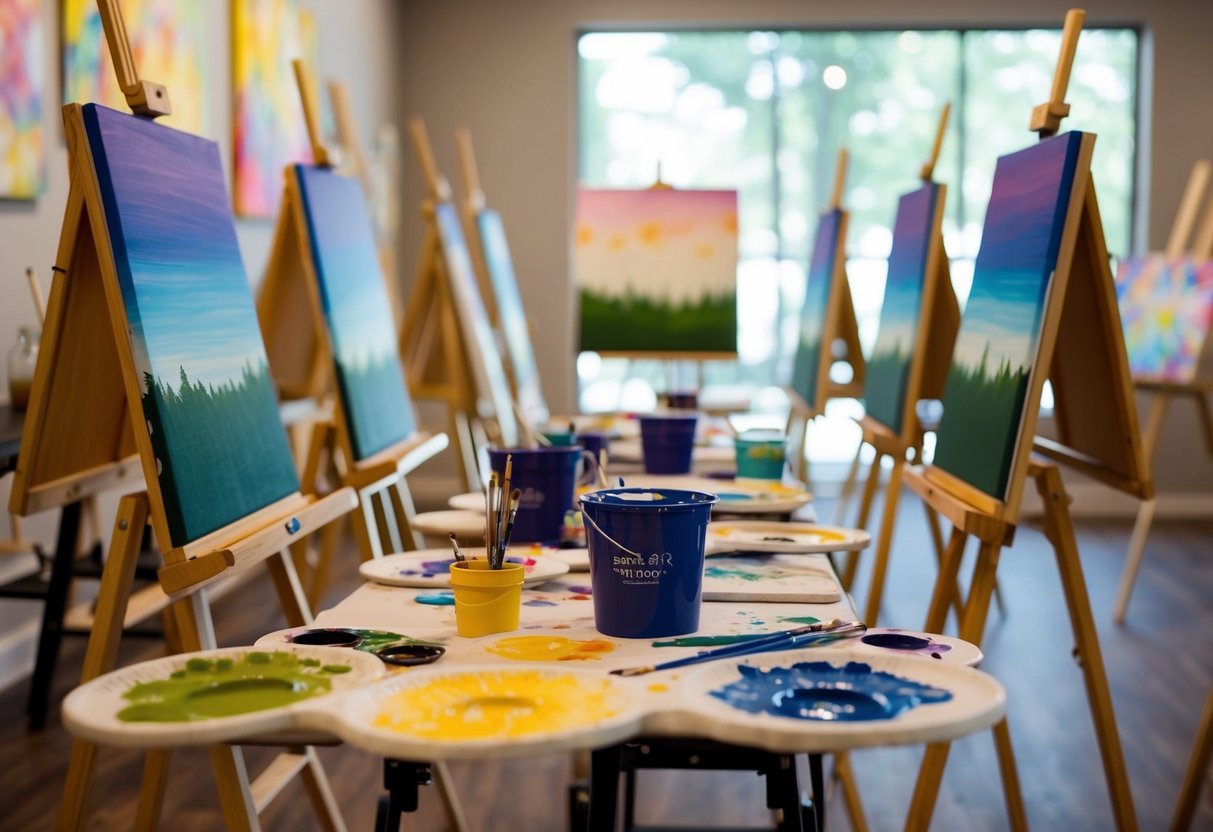 A cozy art studio with easels, paint palettes, and canvases set up for a painting class at Painting with a Twist in Allen, TX