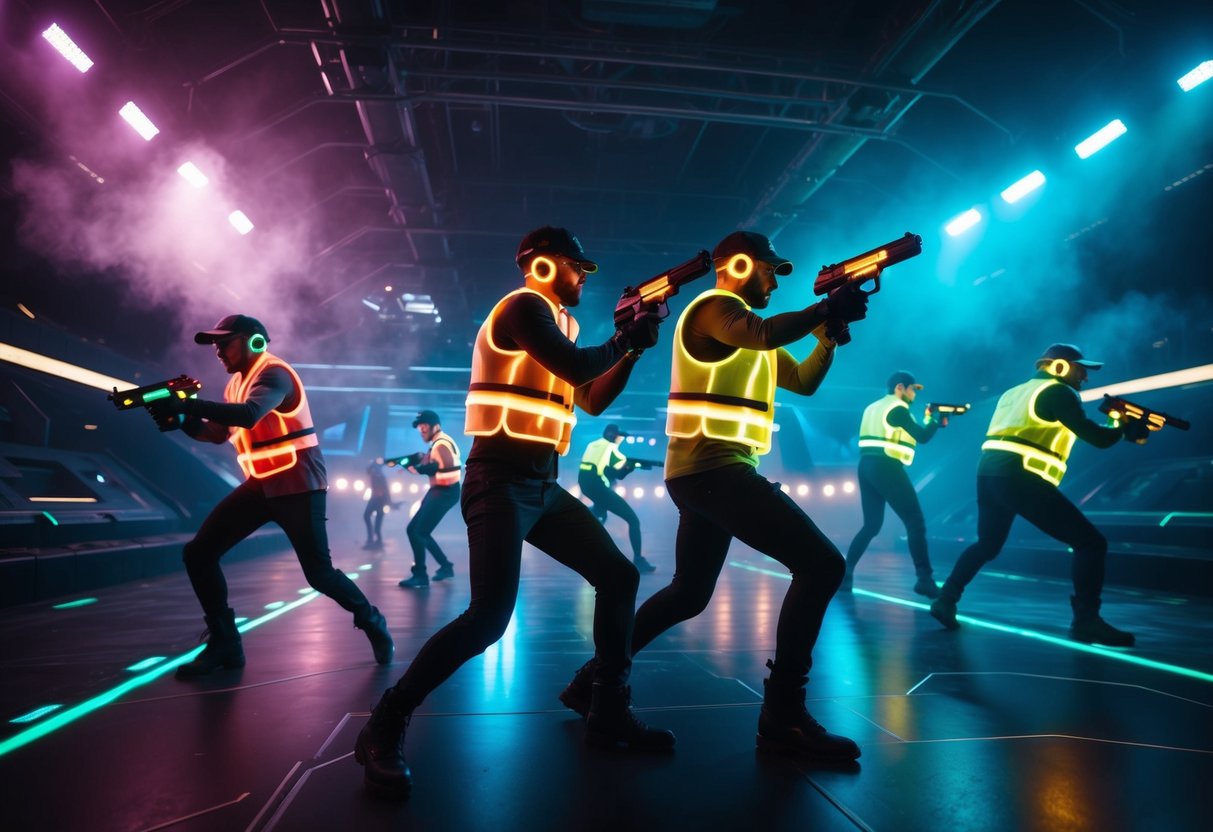 Players in neon vests and glowing guns dodge and weave through a dark, futuristic arena filled with flashing lights and swirling fog