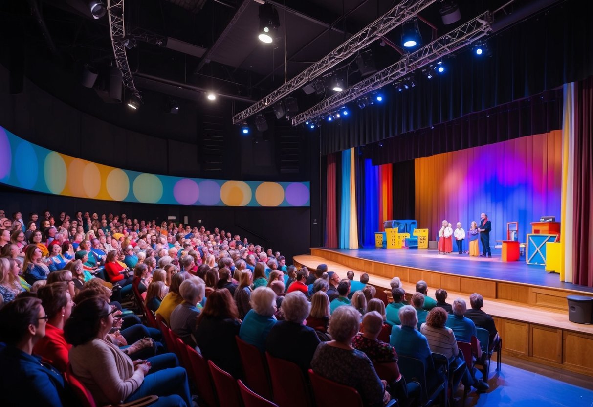 The stage is set with colorful props and backdrops, as the audience eagerly watches a performance at Allen Community Theatre
