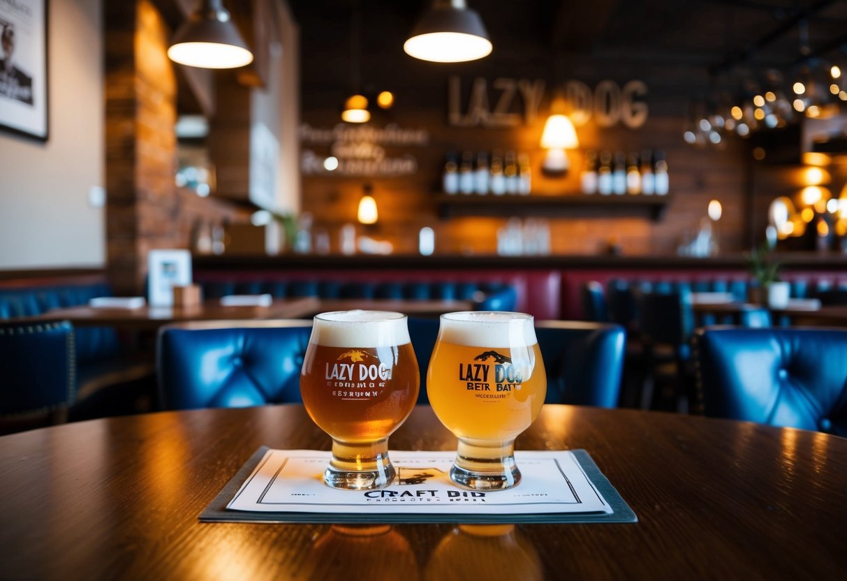 A cozy table with two craft beers at Lazy Dog Restaurant & Bar, with warm lighting and rustic decor