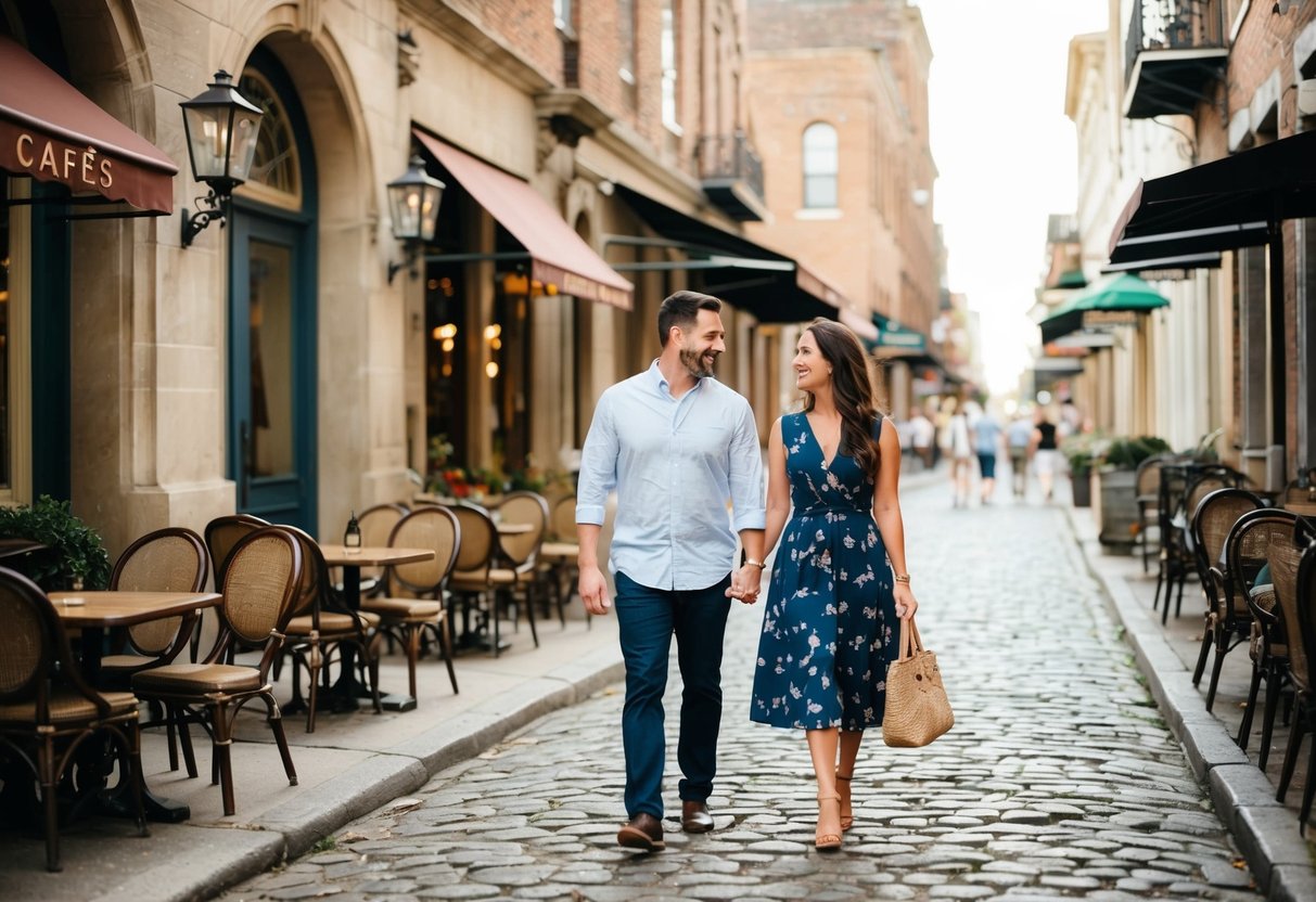 A couple strolling along the cobblestone streets of Old Town Alexandria, passing by historic buildings and charming cafes