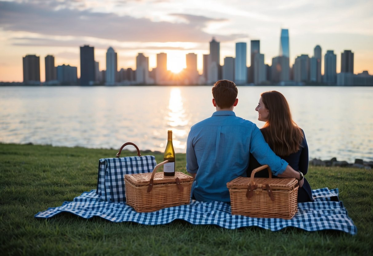 A couple sits on a checkered blanket, surrounded by picnic baskets and a bottle of wine, overlooking the water as the sun sets behind the city skyline