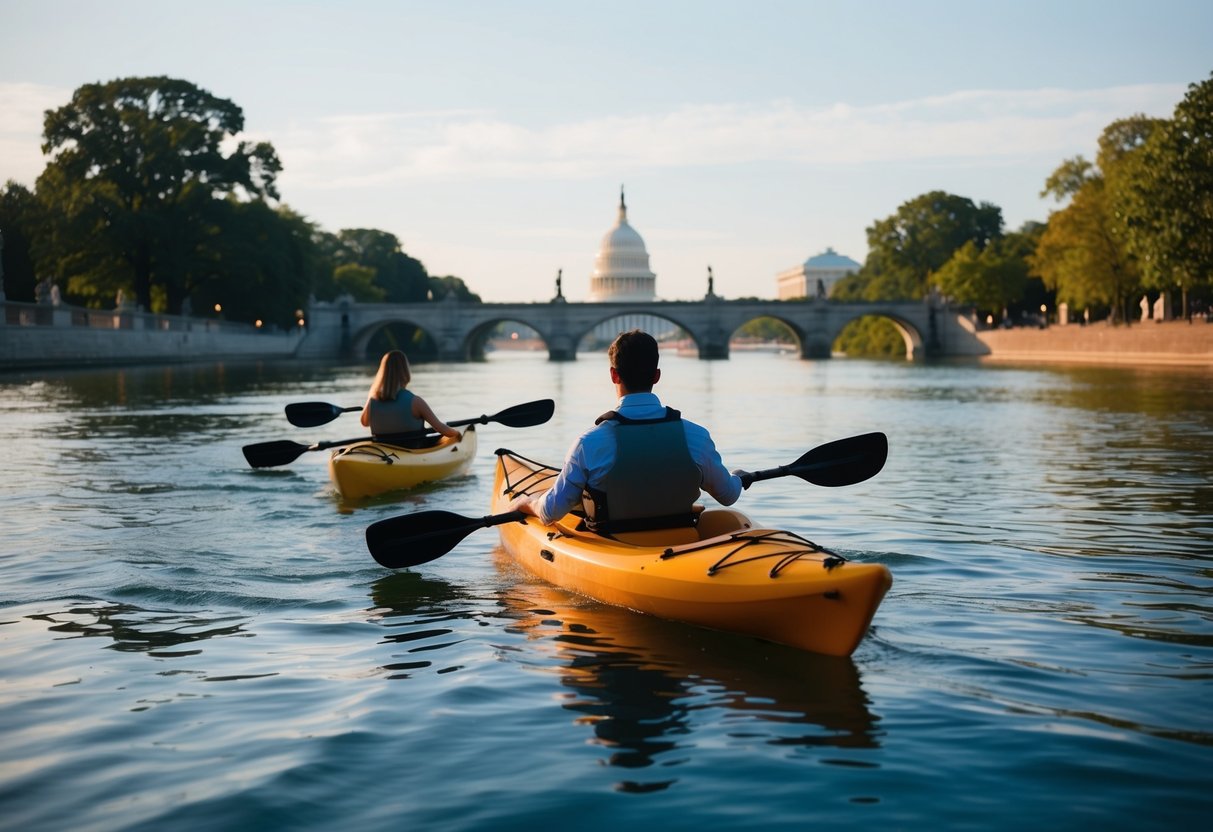 A couple paddles kayaks on the calm waters of the Potomac River, passing by historic landmarks and enjoying a romantic date in Alexandria
