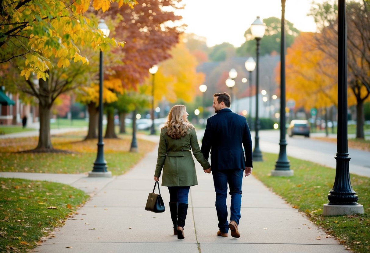 A couple strolls through a charming park in Allentown, PA, surrounded by colorful autumn foliage and the soft glow of streetlights
