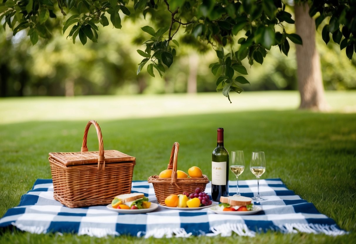 A checkered blanket spread under a shady tree, with a wicker basket, fruits, sandwiches, and a bottle of wine set out for a romantic picnic date
