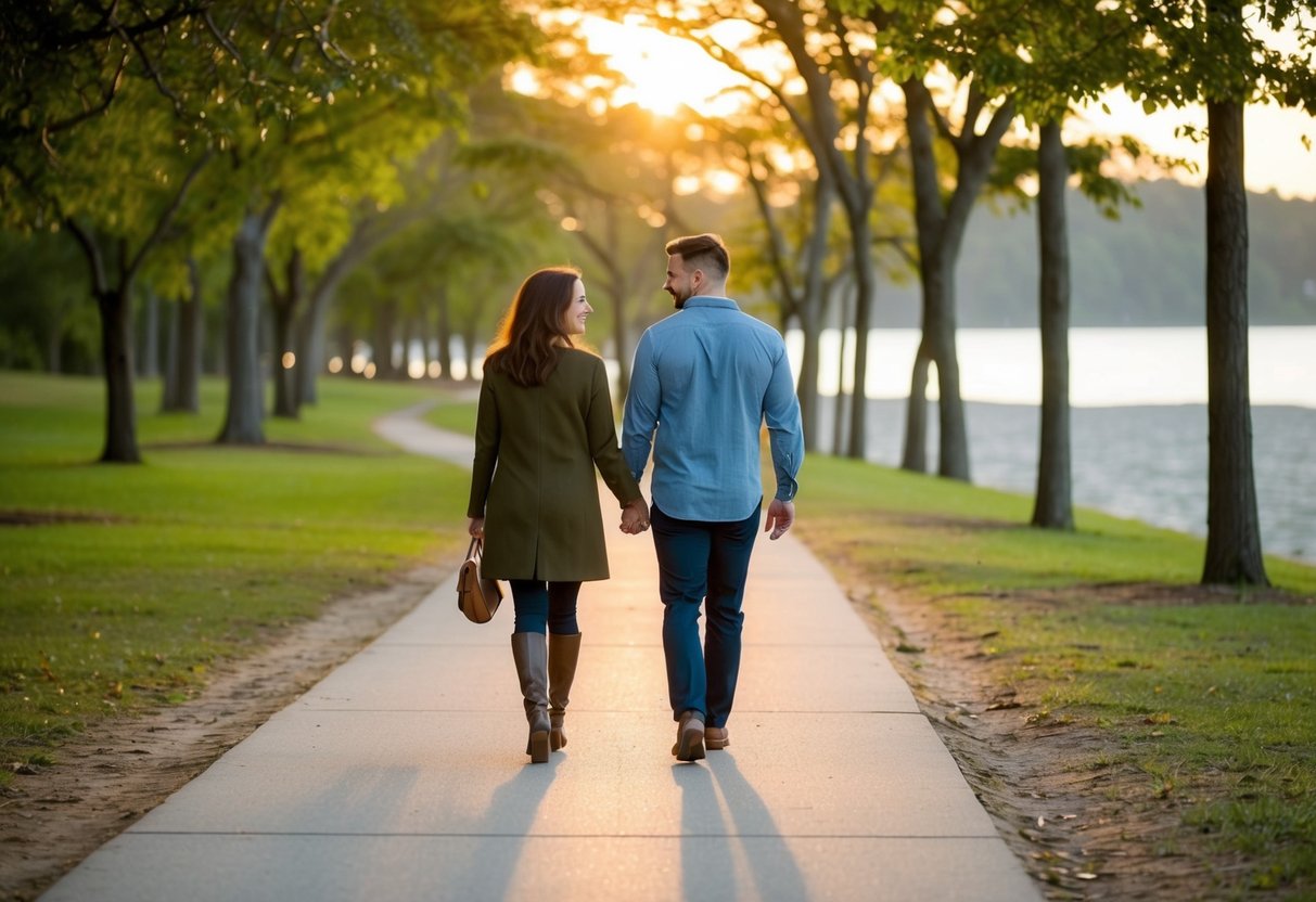 A couple walks hand in hand along a tree-lined path in Cedar Beach Park, with the sun setting behind them and a gentle breeze rustling the leaves
