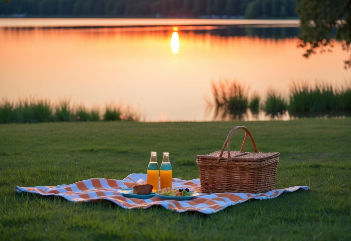 A serene lake reflecting the warm hues of a sunset, with a picnic blanket spread on the grass and a basket of food and drinks nearby