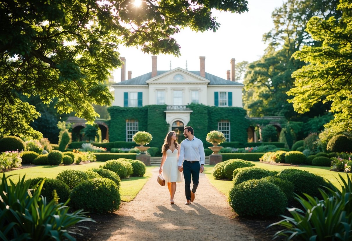 A couple strolling through the lush gardens of Carlyle House, admiring the historic architecture and enjoying a picnic under the shade of a tree