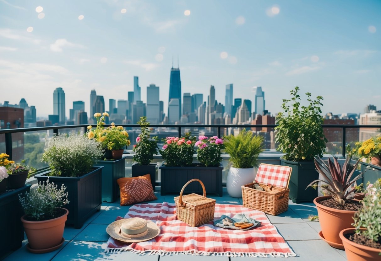 A rooftop garden with a picnic blanket, basket, and scattered flowers, surrounded by potted plants and a view of the city skyline