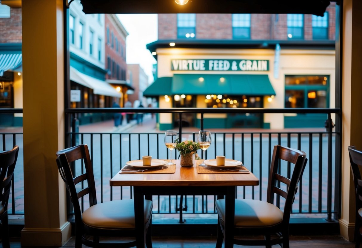A cozy table set for two at Virtue Feed & Grain, with soft lighting and a view of the bustling Old Town Alexandria streets