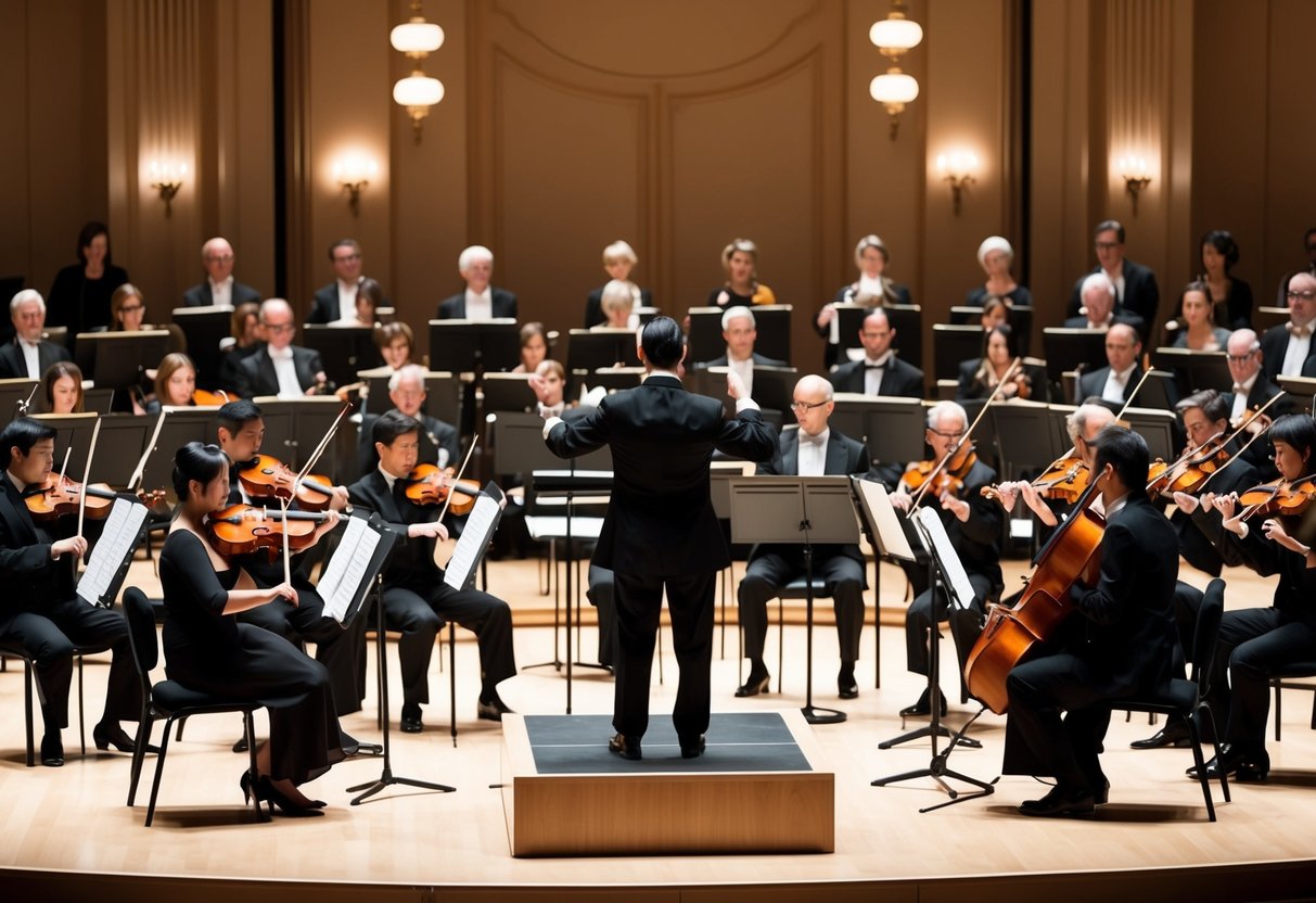 A symphony orchestra performing on stage in a grand concert hall, with elegant lighting and a captivated audience