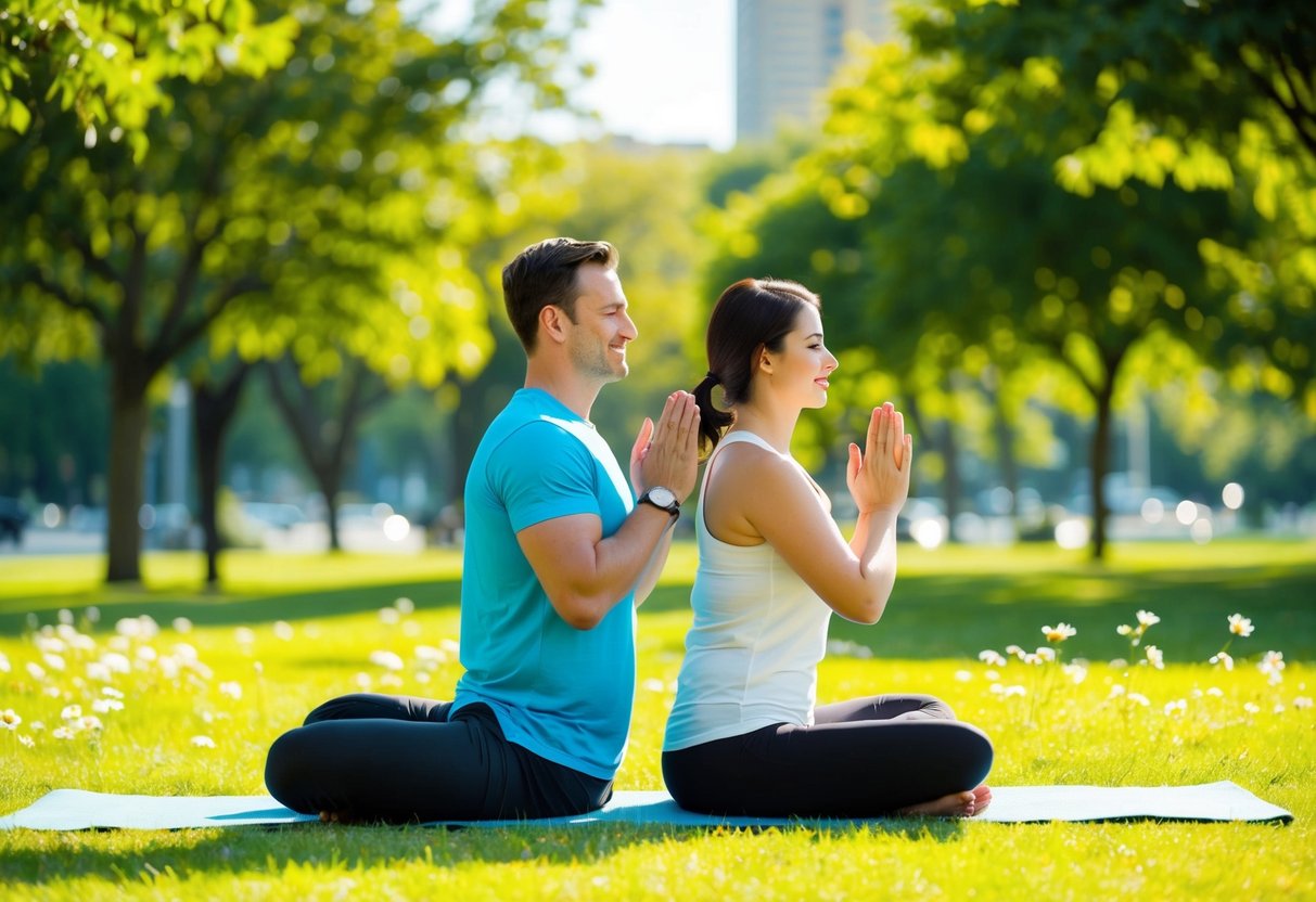A couple practices yoga together in a sunny, grassy park surrounded by trees and flowers