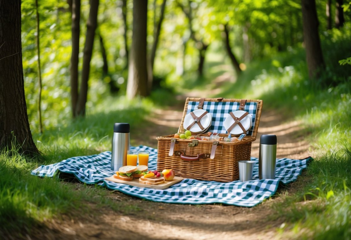 A forest trail picnic: a checkered blanket spread under a canopy of trees, a wicker basket with fruits and sandwiches, a thermos and two cups, surrounded by dappled sunlight and greenery