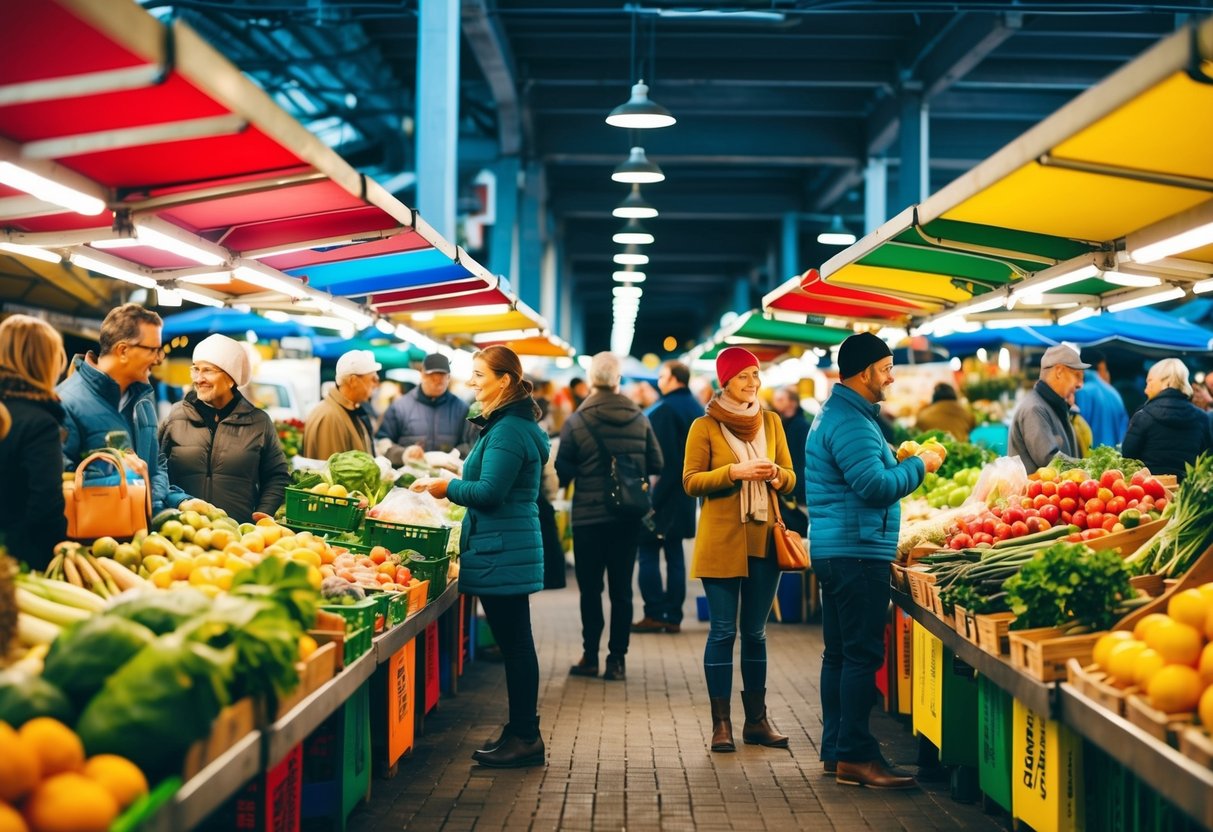 A bustling farmers market with colorful stalls, fresh produce, and people browsing and chatting