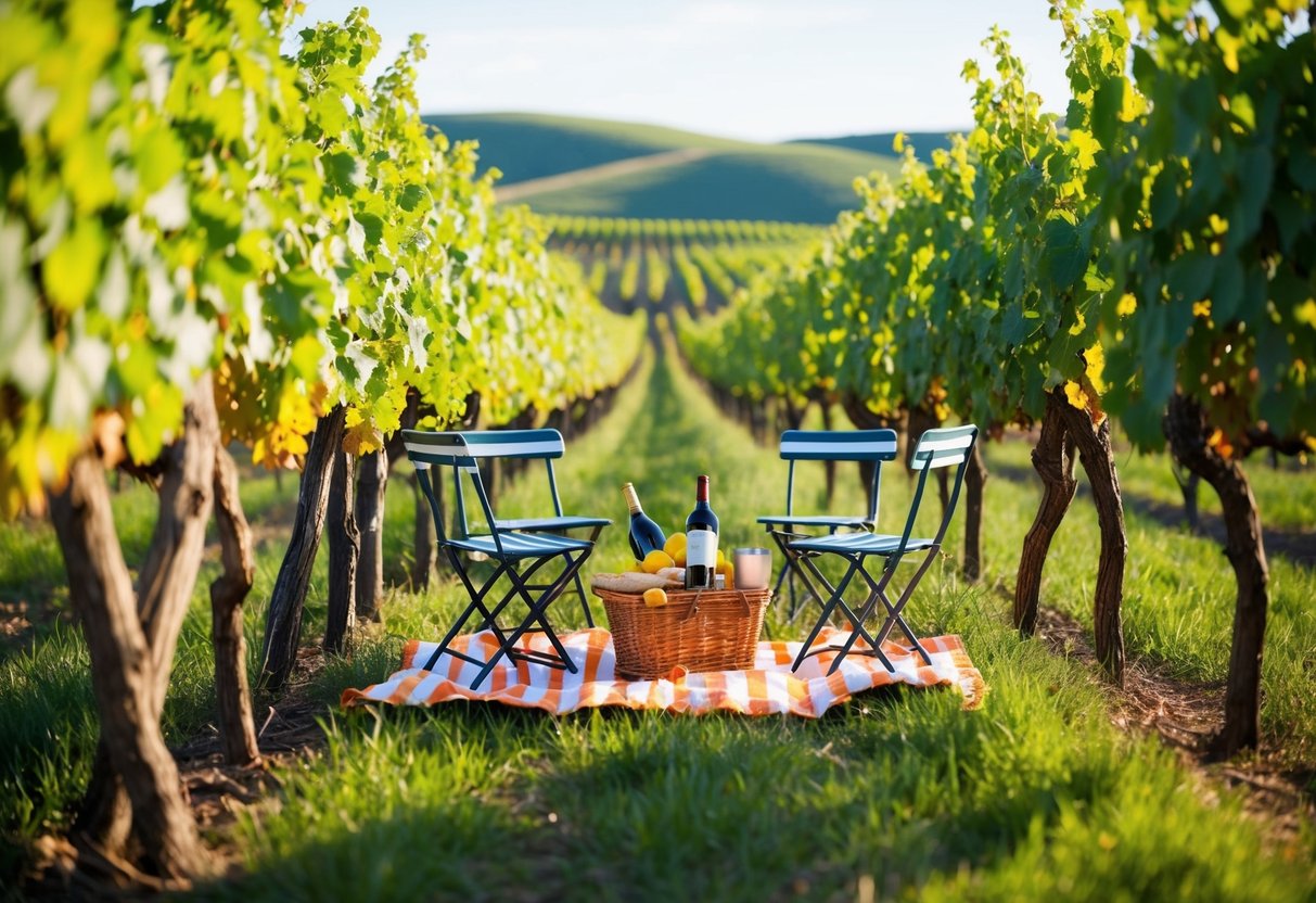 A picnic set up among vineyard rows, with a basket of wine, cheese, and bread. Tables and chairs overlook rolling hills and grapevines