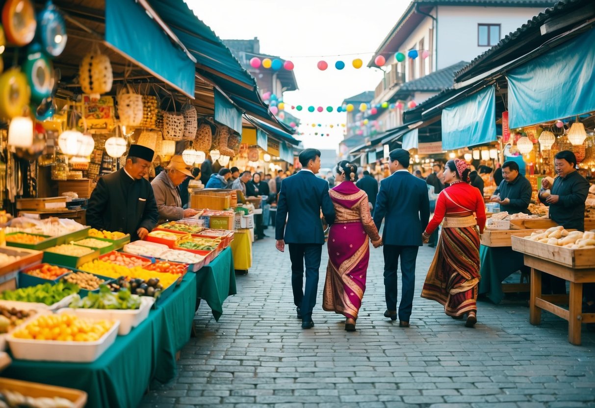 A bustling outdoor market with colorful stalls selling local crafts and food. Nearby, musicians play traditional music as couples stroll hand in hand