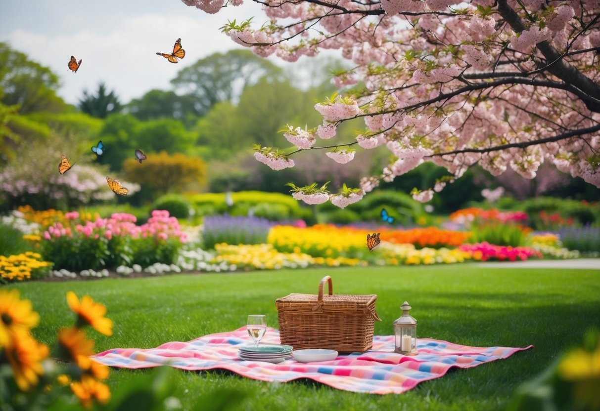 A lush botanical garden with a picnic blanket spread under a blooming cherry blossom tree, surrounded by colorful flowers and fluttering butterflies