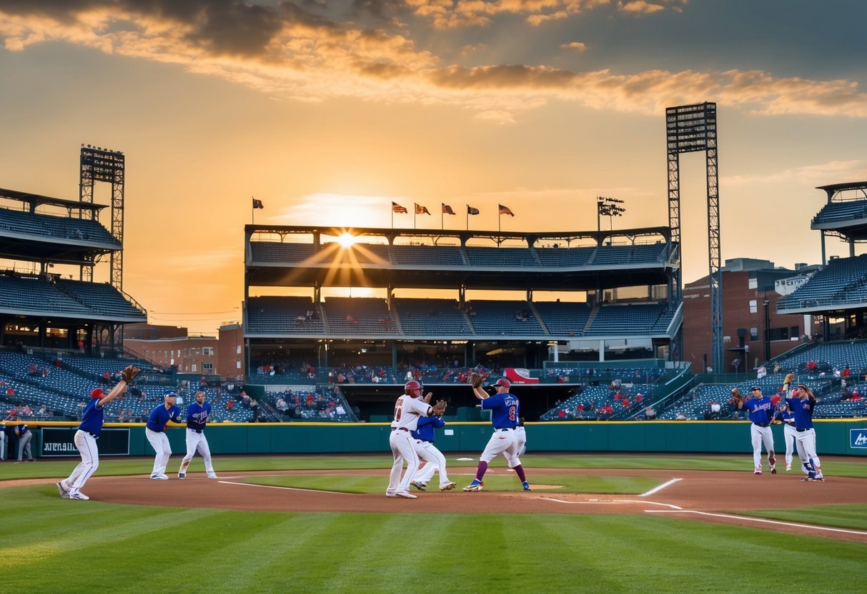 Fans cheer as players compete on the baseball field at Coca-Cola Park in Allentown, PA. The sun sets behind the stadium, casting a warm glow over the lively scene