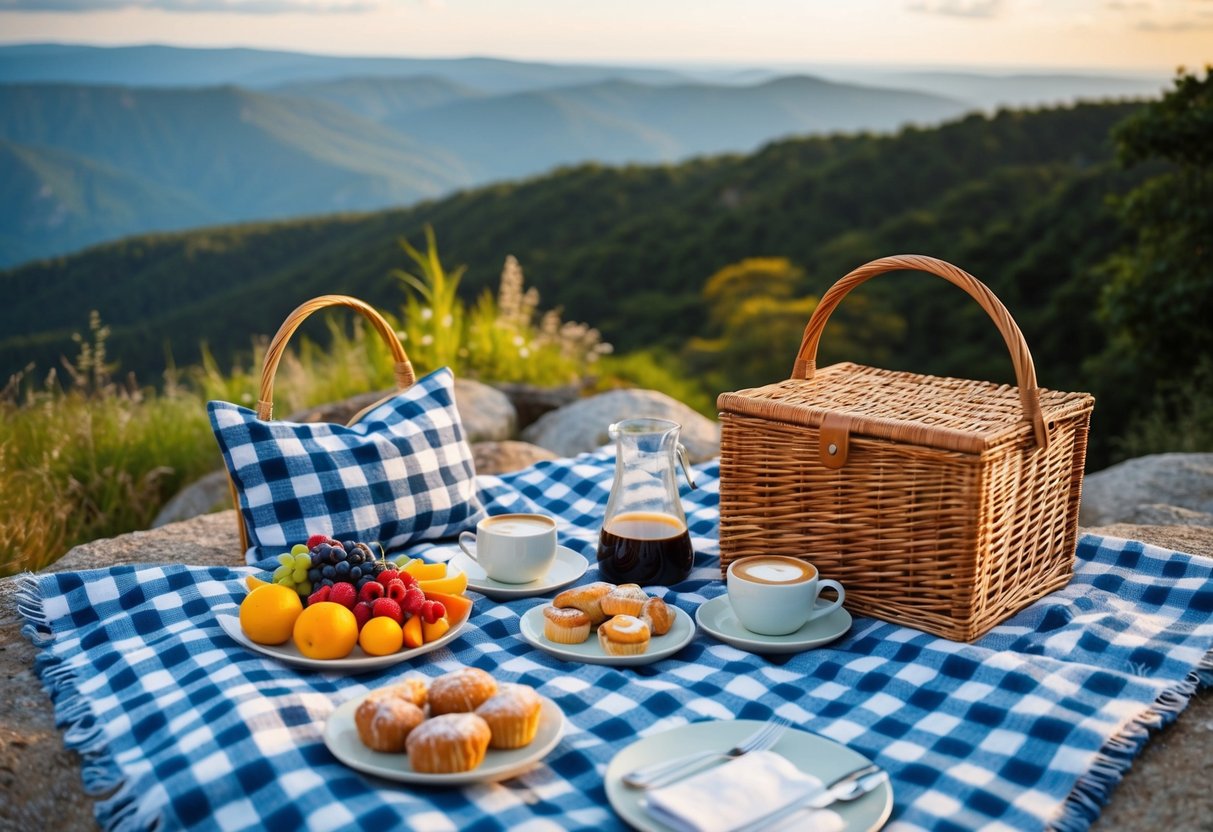 A cozy picnic spread on a scenic overlook, with a checkered blanket, wicker basket, fresh fruit, pastries, and a carafe of coffee
