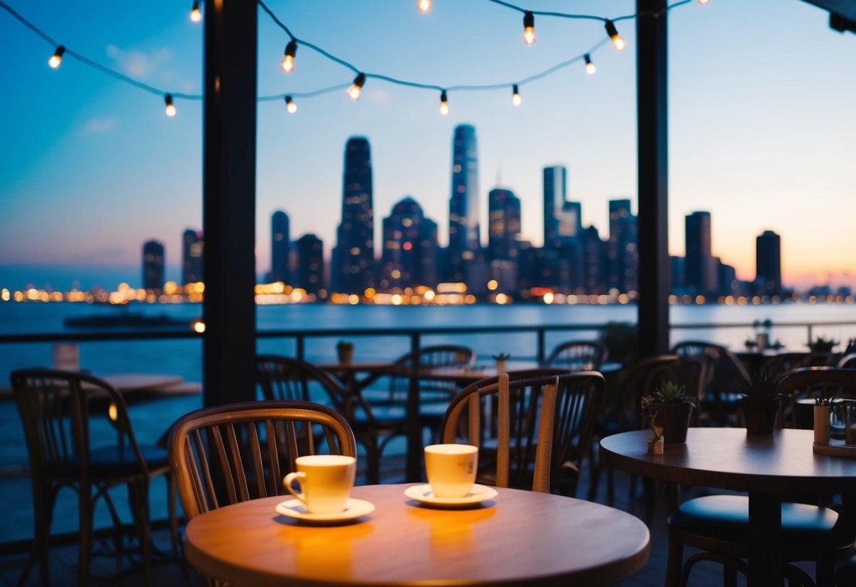 A cozy cafe with twinkle lights and a view of the city skyline at dusk