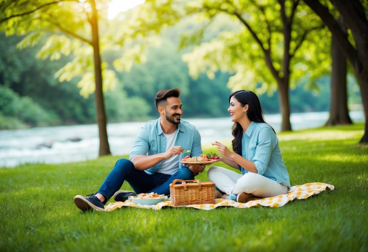 A couple enjoying a picnic in a lush green park, surrounded by trees, with a river flowing in the background. They are laughing and sharing food