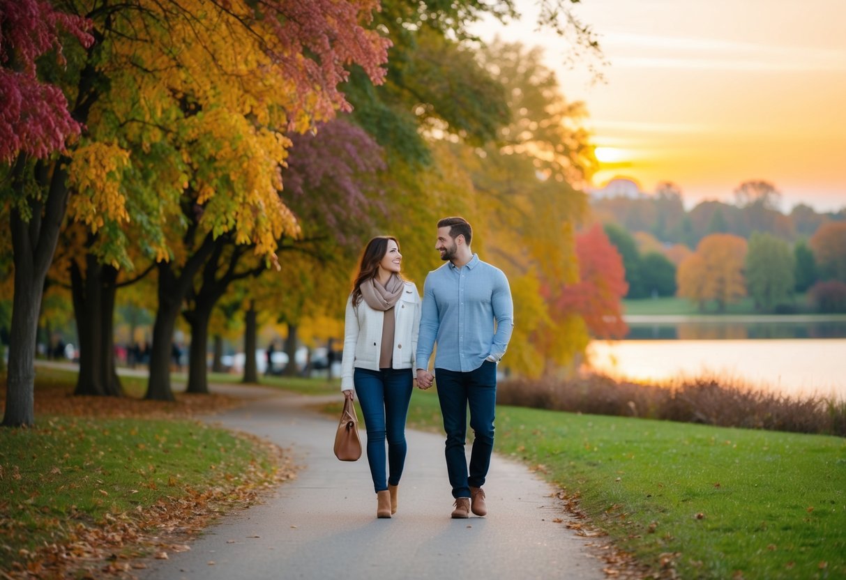 A couple strolling through a picturesque park, surrounded by colorful foliage and a serene lake, with the sun setting in the background