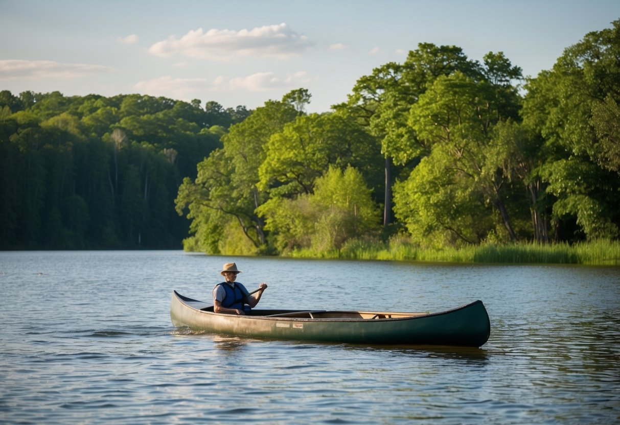 A serene lake surrounded by lush greenery, with a canoe gliding across the calm water at Canoe Creek State Park