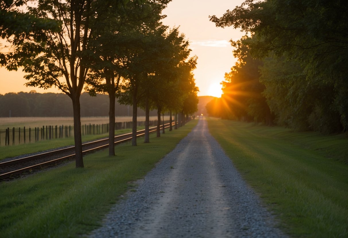 A tranquil sunset walk along the Rails-to-Trails path in Altoona, PA, with a warm glow casting long shadows on the peaceful, tree-lined trail