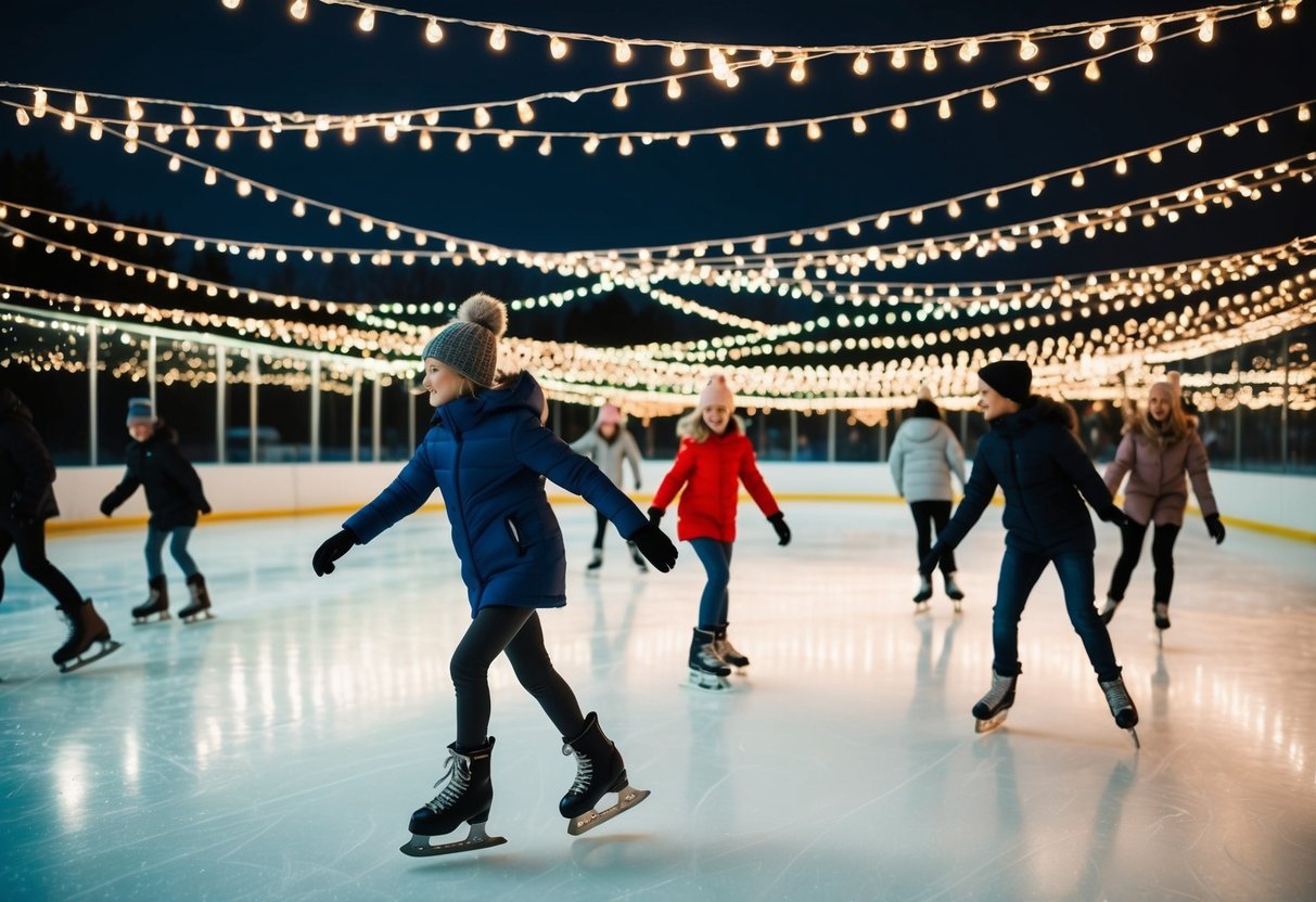 People gliding on ice under twinkling lights at Galactic Ice Rink
