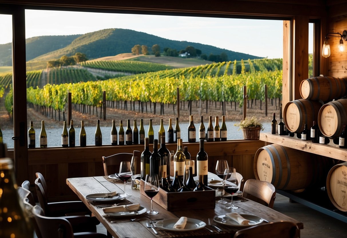 A rustic winery with rolling hills, vineyards, and a cozy tasting room filled with barrels and bottles of wine